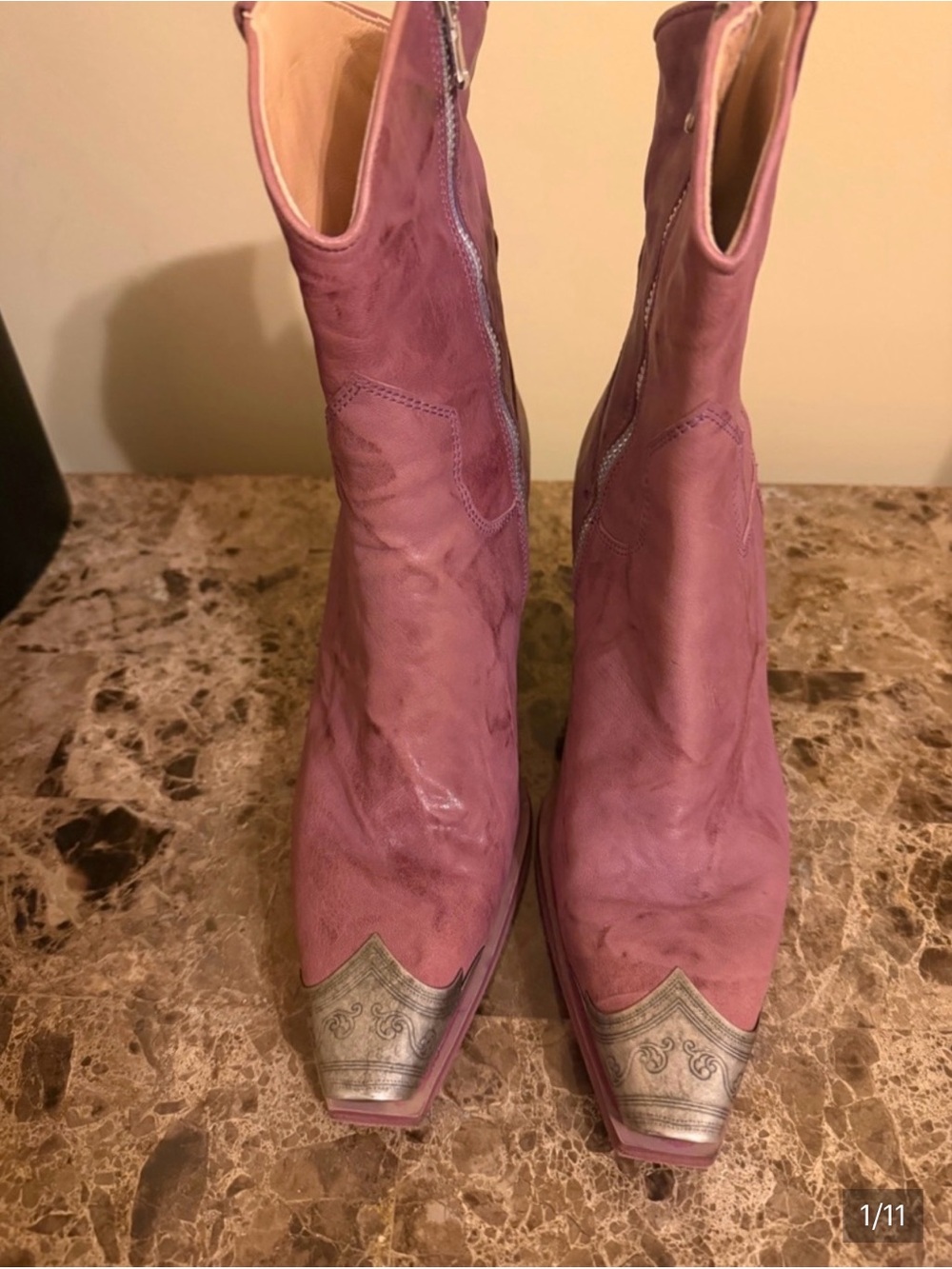 Free People Mauve Leather Western Ankle Boots with Embellished Metal Toe
